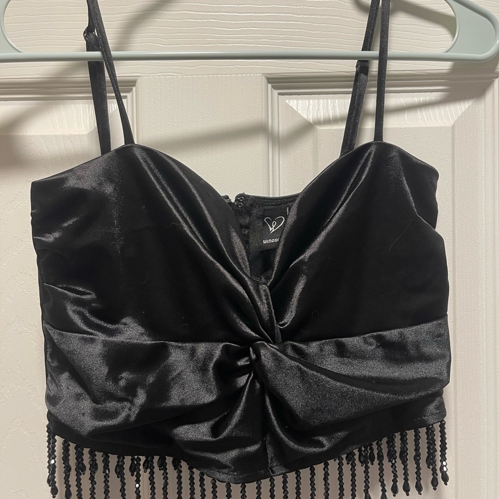 Black Satin Crop Top with Beaded Fringe